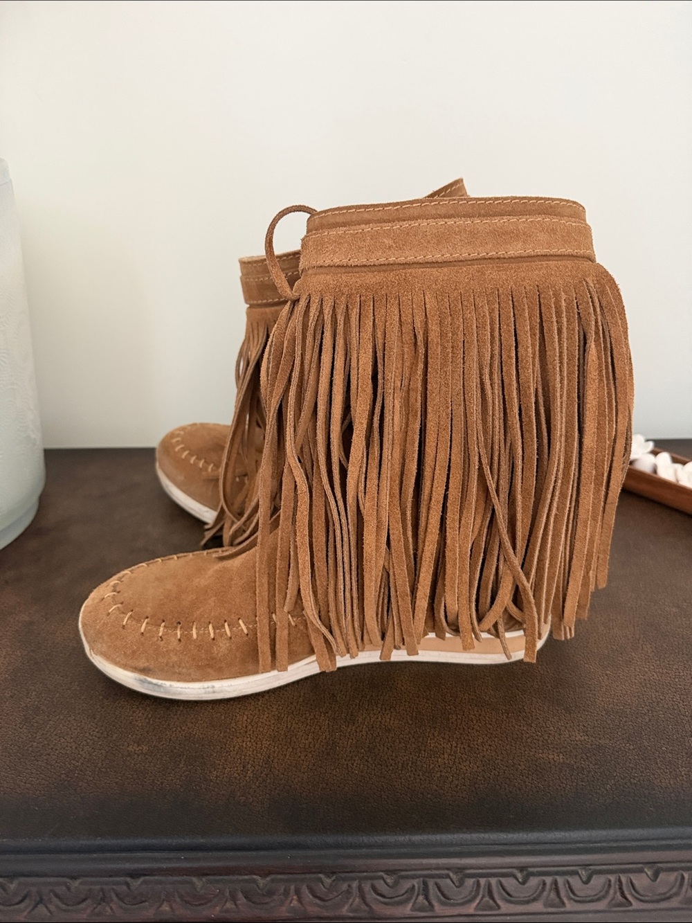 Fringed Suede Moccasin Booties - Tan
